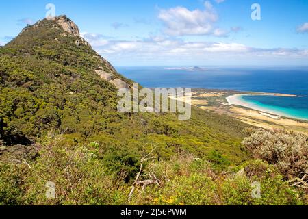 Blick auf den Trousers Point von den Hängen der Strzelecki Peaks Stockfoto