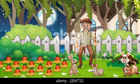 Alter Mann mit Kaninchen im Garten Illustration Stock Vektor