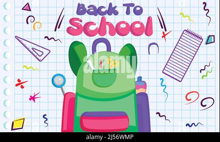 Schulrückseite und verschiedene Schulmaterialien Zurück zur Schule Konzept Vektor Stock Vektor