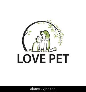 Hund Und Katze Haustier Logo Mit Green Tree Vektor Template Design Stock Vektor