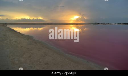 Rosa Lagune mit Sonnenuntergang, Las Coloradas, Yucatan, Mexiko. Stockfoto