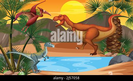 Naturszene mit Teich und Dinosaurier Illustration Stock Vektor