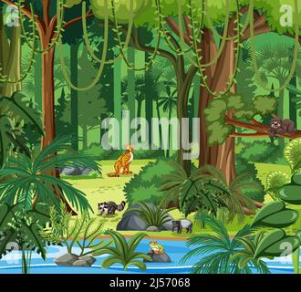 Waldszene mit verschiedenen wilden Tieren Illustration Stock Vektor