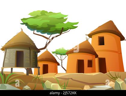 Afrika-Dorf. Wohnungen in felsiger Wüste. Ländliche Häuser aus Lehm und Stroh. Afrikanische Landschaft. Akazienbäume. Isoliert auf weißem Hintergrund. Vektor. Stock Vektor