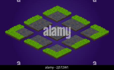 Isometrische Bodenfliesen Spiel Textur, Pflaster Steine mit Rasen Gras. Benutzeroberflächenelemente für den Landschaftsbau und die Weltgestaltung. Garten oder Bauernhof isoliert quadratische Landschaftblöcke, 3D Vektor-Illustration Stock Vektor