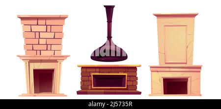 Home Kamin, Innenkamin gesetzt. Innenöfen im traditionellen, Vintage-, klassischen und modernen Stil, Heizsystem aus Ziegelsteinen oder Marmorsteinen, isolierte Designelemente, Cartoon-Vektor-Illustration Stock Vektor