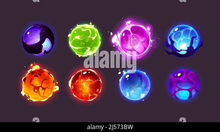 Magische Kugeln, Energiekugeln mit mystischem Glanz, Blitz und Funken. Vektor Cartoon Satz von Farbe glühenden Kugeln mit Lichteffekt, flüssigem Plasma und Feuer. Fantasy glänzende Kreise für Game Design Stock Vektor