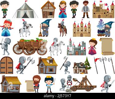 Mittelalterliche Figuren Gebäude Set Illustration Stock Vektor