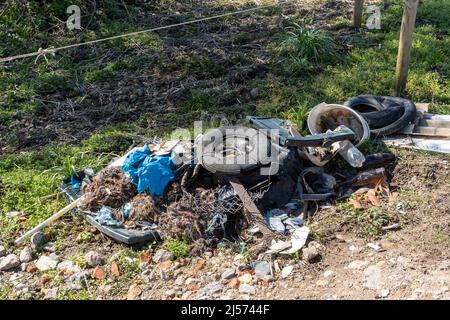 Illegale Müllabscheidung in der Natur, alte Reifen, Flaschen und Kunststoff, Umweltverschmutzung Stockfoto