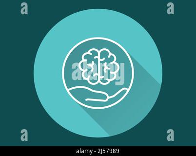 Symbol für Hände, die das Gehirn halten. Einfache Illustration mit langem Schatten für Grafik- und Webdesign. Stock Vektor