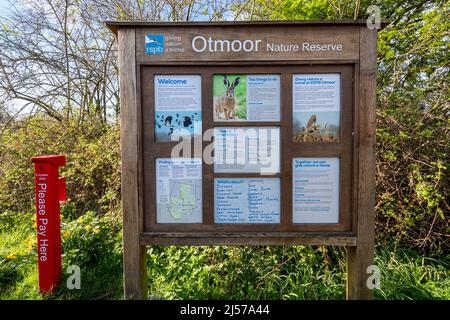 RSPB Otmoor Nature Reserve Schild oder Informationstafel, Oxfordshire, England, Großbritannien Stockfoto