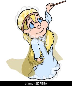 Blonde blauäugige Fee in einem blauen Kleid Stock Vektor