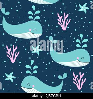 Blauwal Muster Design mit Korallen und Blasen - lustige handgezeichnete Doodle, nahtloses Muster. Schriftzug Poster oder T-Shirt Textil Grafik-Design. Wal Stock Vektor