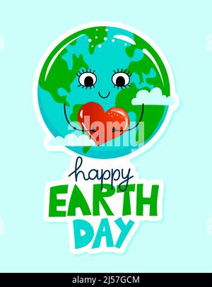 Happy Earth Day - Planet Earth kawaii Zeichnung mit Geburtstagskuchen. Poster- oder T-Shirt-Grafik in Textil-Optik. Schöne Illustration. Earth Day-Umgebung Stock Vektor