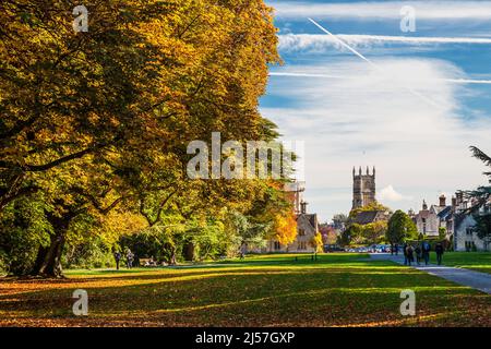 Wunderschöne Herbstfarben im Cirencester Park auf dem Bathurst Estate in Gloucestershire. Der Turm der Kirche von Johannes dem Täufer und ein Teil der Stockfoto