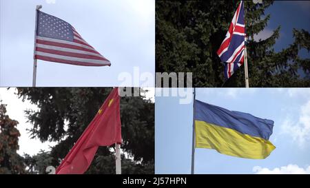 4K nahtlose Vereinigten Staaten von Amerika USA und Ukraine Nationale Flagge langsames Winken mit sichtbaren Falten, digitales Rendering, Animationsschleife, Flagge 3D Stockfoto