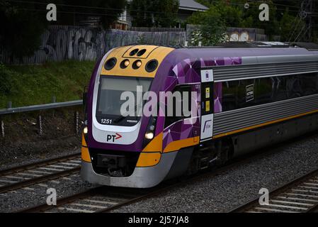 Vor einem Vline-Vlocity-Zug, der an einem späten Herbstnachmittag durch die Innenbezirke von Melbourne fährt und in die Innenstadt fährt Stockfoto