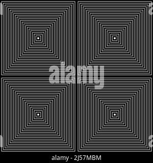 Op Art Quadrate in Schwarz und Weiß mit diagonalen Linien, die eine optische Illusion von Pyramiden oder Tunnel bilden. Hypnotisches Banner, Vektorhintergrund Stock Vektor