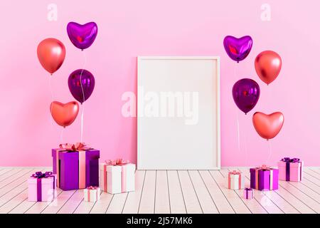 Postermock mit rosa glänzenden 3D realistischen Ballons in Herzform. Valentinstag oder Hochzeitstag romantische Themen für Party, Veranstaltungen, Social Media o Stockfoto