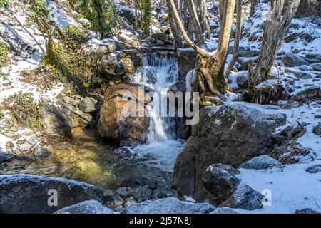 Winterlicher Bach zu den Wasserfällen im Troodos-Gebirge, Zypern, Europa | Wasserfälle Flusslauf im Winter, Troodos-Gebirge, Zypern, Europa Stockfoto