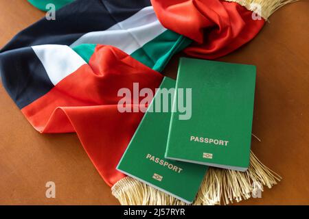 Reisepass und eine Flagge der Vereinigten Arabischen Emirate auf einem hölzernen Hintergrund. Reisekonzept. Stockfoto