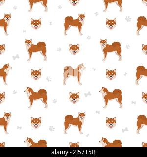Shiba Inu, japanische kleine Größe Hund Mantel Farben, verschiedene Posen nahtlose Muster. Vektorgrafik Stock Vektor