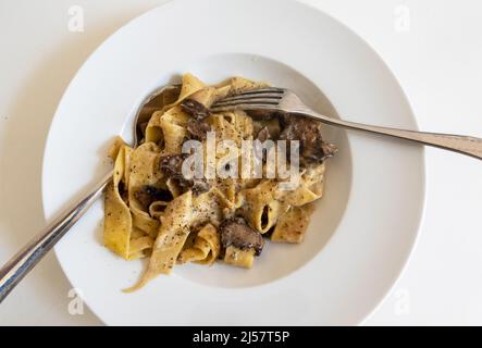 Pappardelle in einer cremigen Pilzsauce Stockfoto