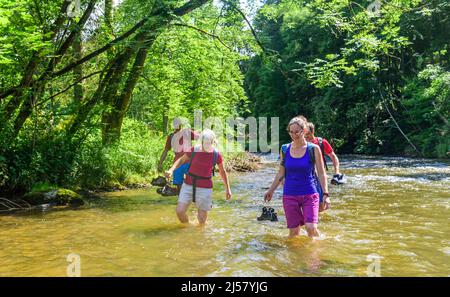 Eine Gruppe von Menschen Waten in einem Flussbett an einem heißen Sommertag im Allgäu Stockfoto