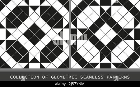 Geometrische schwarz-weiße nahtlose Muster mit diagonalen Linien, Fliesen Set-Kollektion Stock Vektor