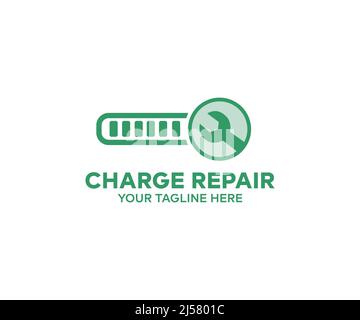 Ladevorgang Batterie Reparatur Service Logo Design. Beginnt mit dem Aufladen des Vektors für elektrische Energie und der Abbildung. Stock Vektor