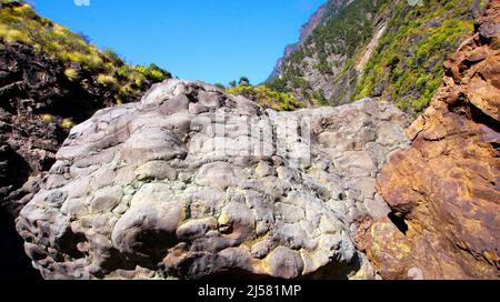 Pillow-Lavas, Barranco de las Angustias, Taburiente River, Nationalpark Caldera de Taburiente, Biosphärenreservat, ZEPA, LIC, La Palma, Kanarische Inseln Stockfoto