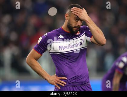 Turin, Italien, 20.. April 2022. Arthur Cabral von ACF Fiorentina reagiert während des Coppa Italia-Spiels im Allianz Stadium in Turin. Bildnachweis sollte lauten: Jonathan Moscrop / Sportimage Stockfoto