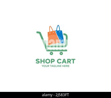 Logo-Design des Warenkorbs anzeigen. Online-Shopping-Konzept. Kopierbereich, Vektorgrafik und Illustration von oben. Bunte Einkaufstaschen Vektor-Design. Stock Vektor