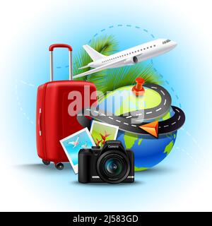 Urlaub und Urlaub Hintergrund mit realistischen Globus Koffer und Foto Vektorgrafik der Kamera Stockfoto