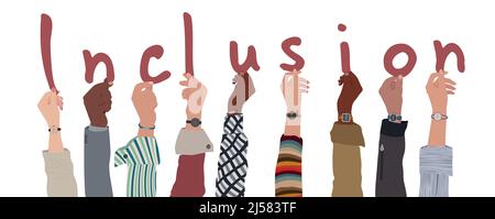 Gruppe von aufgehobenen Armen multikultureller Männer und Frauen, die Buchstaben in der Hand halten und den Text -Inklusion- Konzept der Gleichstellung der Vielfalt bilden. Gleich Stock Vektor