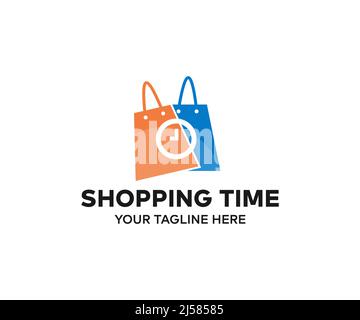 Einkaufstasche im Warenkorb-Logo-Design. Einkaufszeit, Online-Shop, Liefervektordesign und Illustration. Stock Vektor