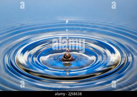 Tropfenfotografie, Wassertropfen fallen auf Wasseroberflaeche, Wassersaeule, Farbspiel, Studioaufnahme Stockfoto