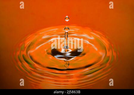 Tropfenfotografie, Wassertropfen fallen auf Wasseroberflaeche, Wassersaeule, Farbspiel, Studioaufnahme Stockfoto