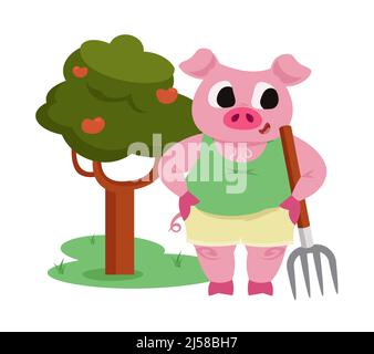 Schwein hält Pitchfork. Anthropomorphe Nutztiere. Stock Vektor