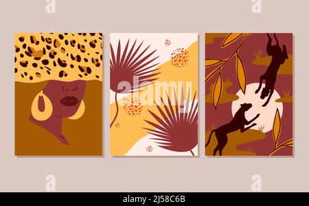 Afrikanisches Boho-Kunstset, minimalistische Poster mit Frauenporträt, wilden schwarzen Panthern Stock Vektor