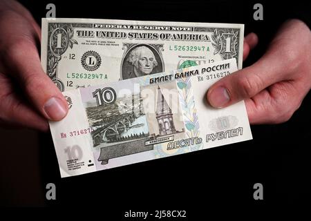 Rubel, US-Dollar, Banknoten, Banknoten, Studioaufnahmen Stockfoto