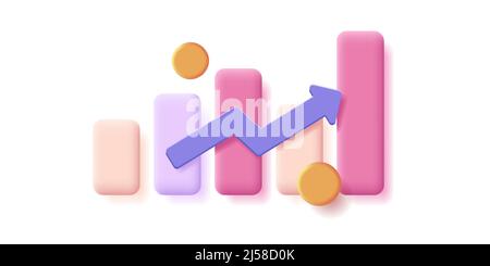 3D-bar-Diagramm-Abbildung mit farbigen Balken und zunehmenden Pfeil mit goldenen Münzen Stock Vektor