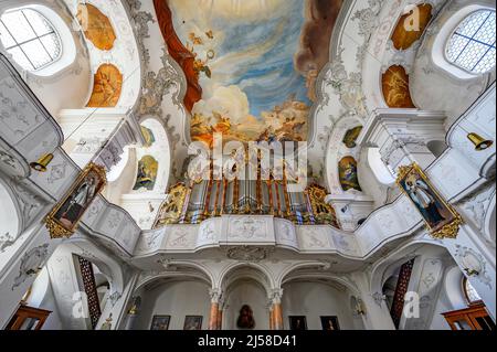 Orgelloft, katholische Stadtpfarrkirche, Münster unserer lieben Frau, Lindau, Bayern, Deutschland Stockfoto