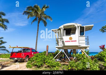 Die Rettungsschwimmerstation am Haena Beach auf Kauai, Hawaii. Stockfoto