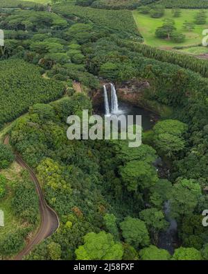 Eine Luftaufnahme der Wailua Falls im Wailua River State Park auf Kauai, Hawaii. An den Wasserfällen ist ein Bauernhof, der Bäume zum Absplittern und Brennen in Elek anpflanzt Stockfoto