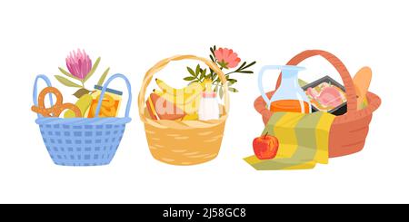 Picknickkörbe für Familien-Party-Set im Freien, Grillfleisch, Sandwich, Baguette Stock Vektor