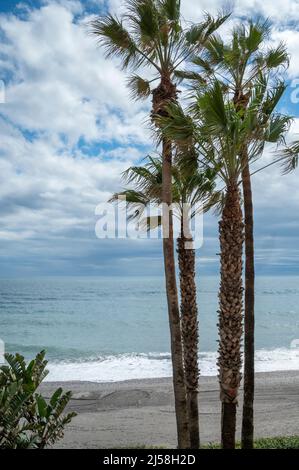 Blick auf Strand und Küste in Torrox Costa, Costa del Sol, kleine touristische Stadt zwischen Malaga und Nerja, Andalusien, Spanien. Überwinterer in Spanien. Stockfoto