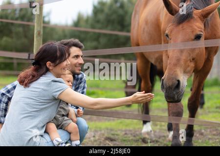 Familie auf einem Pferdehof Stockfoto