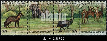 Eine in der Republik Burundi gedruckte Briefmarke zeigt eine Gruppe von Tieren in Zentralafrika, 1978 Stockfoto