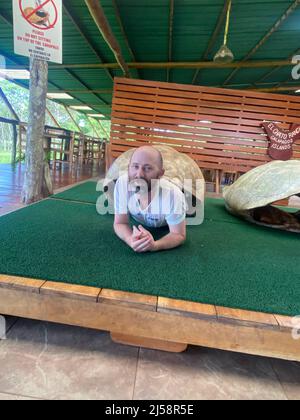 Tourist posiert für Fotos, kriecht aus einer riesigen Schildkrötenschale bei El Chato Galapagos, einem geschützten Ort, an dem Galapagos-Riesenschildkröten herumlaufen. Stockfoto
